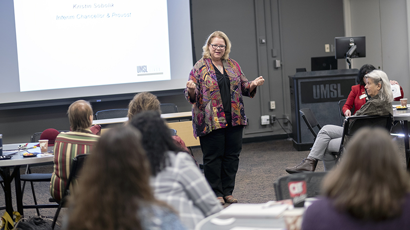Interim Chancellor and Provost Kristin Sobolik speaks about her career progression at the first meeting of the Associate-to-Full program. (Photo by August Jennewein)