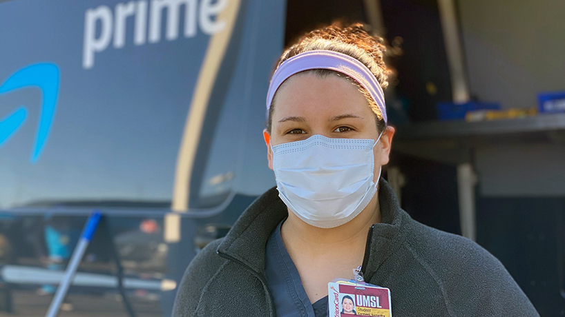 Accelerated BSN student Samantha Cardwell is one of 15 College of Nursing students who are helping screen Amazon delivery workers for signs of COVID-19 through a new partnership. (Photos courtesy of Shawne Manies)