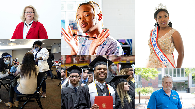 From topleft, clockwise: Chancellor Kristin Sobolik, Brock Seals, Wauneen Rucker, Mark Briguglio, students at commencement and nursing students. 