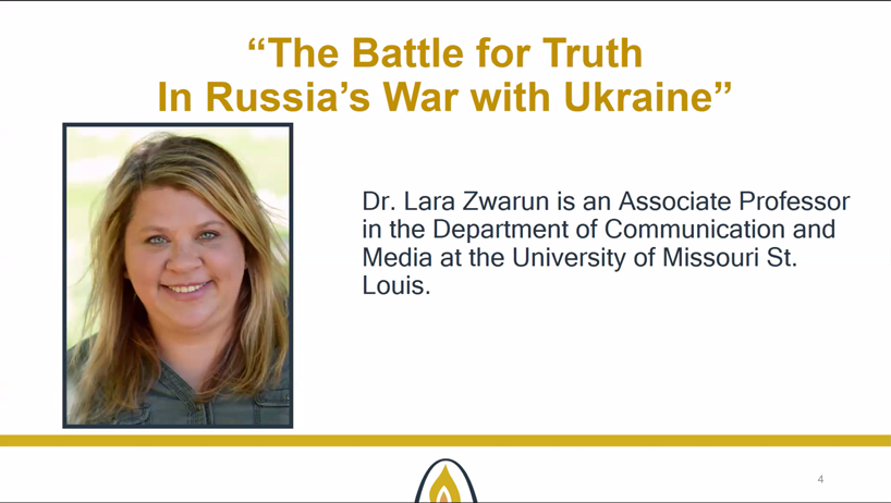 Flyer showing Lara Zwarun and the "The Battle for Truth in Russia's War with Ukraine"