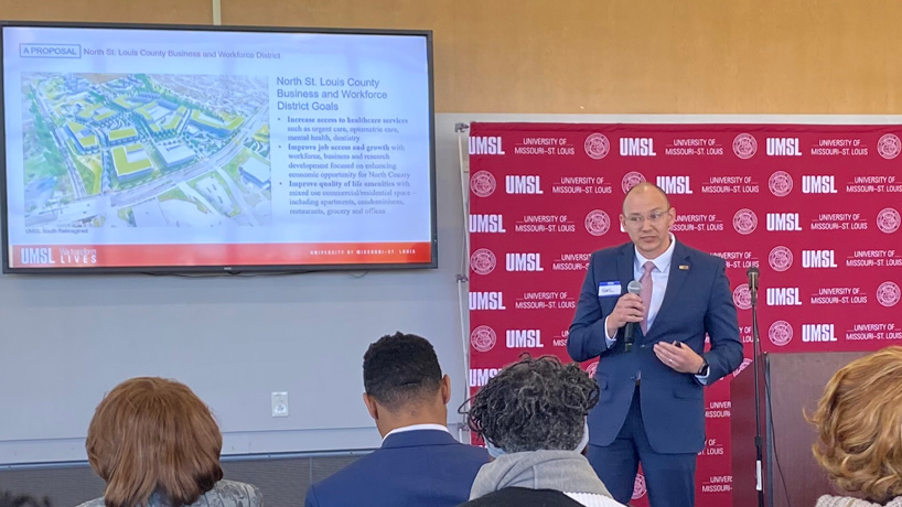 Karl Guenther, UMSL's assistant vice chancellor for economic and community development, presents plans for the proposed North St. Louis County Business and Workforce District