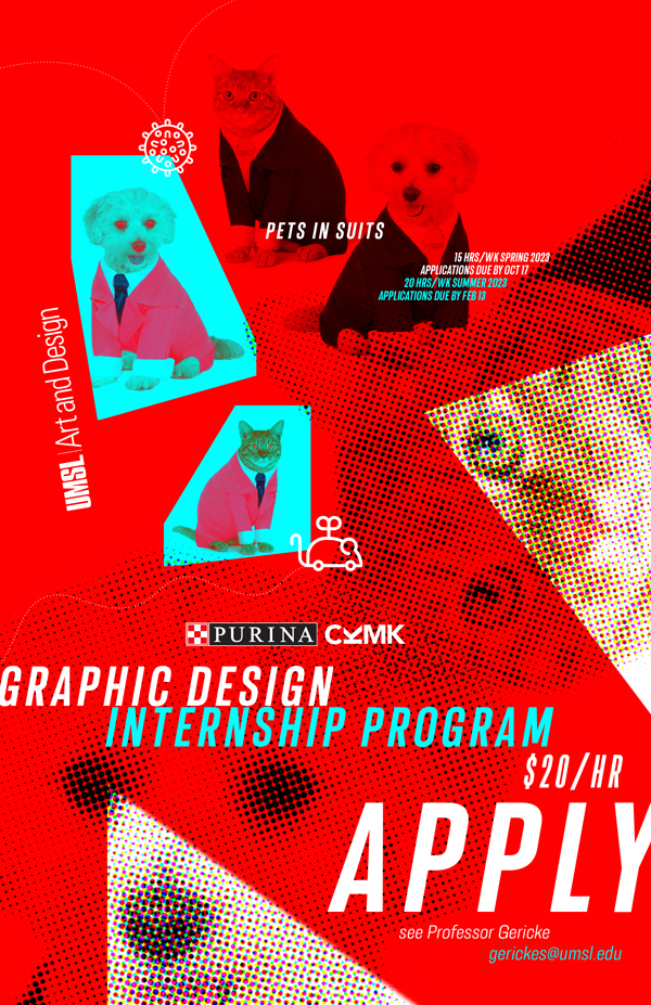 red poster with cat and dog in business clothes