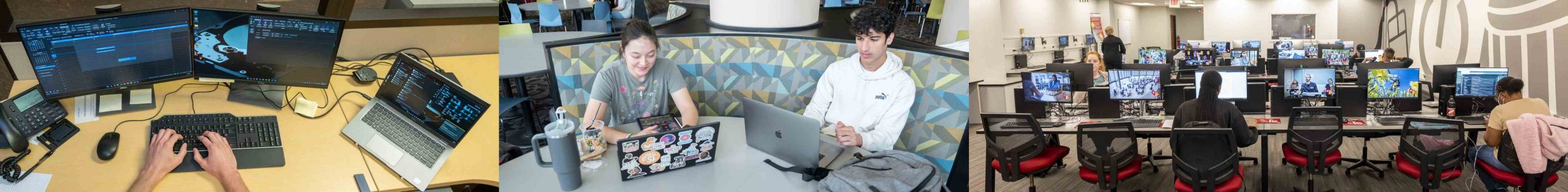 three photos of students using computers