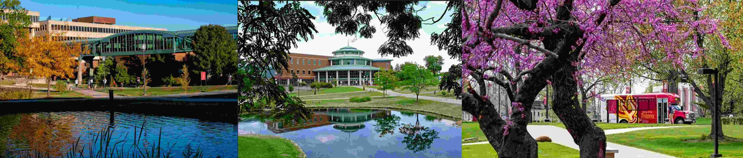 campus photos of the lake, the Millennium Student Center, and the UMSL shuttle bus