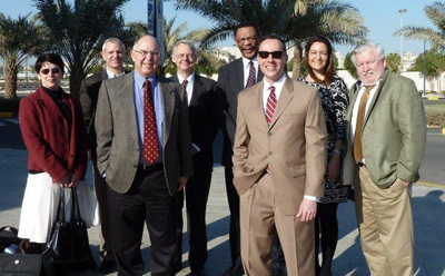 In January, a team of UMSL faculty members reviewed academic programs at Gulf University of Science and Technology in Kuwait. Team members are (from left) Alice Hall, Steve Moehrle, David Rota, Doug Smith, Michael Elliott, Kurt Schreyer, Ekin Pellegrini and Tom McPhail.