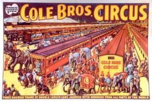 An early 20th century lithograph depicting the arrival of the circus trains from the Tegge Circus Archives on exhibition at the Mercantile Library at UMSL. The exhibit opens Feb. 20 and runs through Aug. 7.
