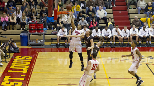 Darian Cartharn, junior guard for the UMSL Tritons men's basketball team