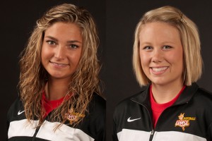 UMSL softball players Hannah Perryman (left) Haleigh Jenkins