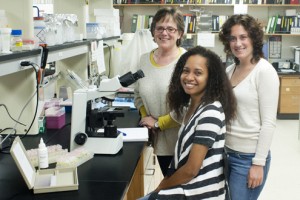 From left, UMSL biologist Patricia Parker and doctoral students Samoa Asigau and Mari Cruz Jaramillo