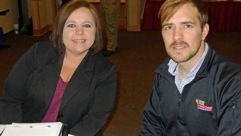 UMSL alumnua Danielle Spiekerman, BSBA 2001, a human resources manager for SSM Health Care, and Ryan Barrett, interim director of UMSL's Veterans Center and a doctoral student in political science,