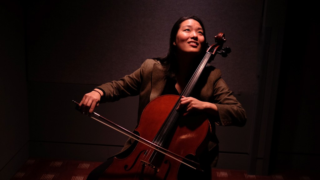 Joanne Lee practices her cello at the Blanche M. Touhill Performing Arts Center. She recently won the collegiate division of the University of Missouri-St. Louis Concerto Competition. Lee came to UMSL to study with Arianna String Quartet member Kurt Baldwin. (Photo by August Jennewein.)
