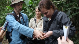 Biology doctoral student Gideon Erkenswick (left) teaches research assistants about Amazon wildlife, specifically primates in Peru, through the nonprofit he co-founed and now directs, Field Projects International. (Photo provided by FPI)