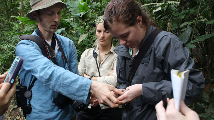 Biology doctoral student Gideon Erkenswick (left) teaches research assistants about Amazon wildlife, specifically primates in Peru, through the nonprofit he co-founded and now directs, Field Projects International. (Photo provided by FPI)