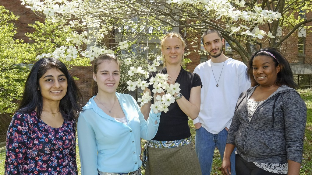 A team of researchers from the University of Missouri-St. Louis are looking to study people in love. From left are senior Kruti Surti, sophomore Amanda Lococo, Assistant Professor of Psychology Sandra Langeslag, senior Remy Mallett and senior Kaylyn Moore are leading the project to study how being in love affects cognition. (Photo by August Jennewein.)