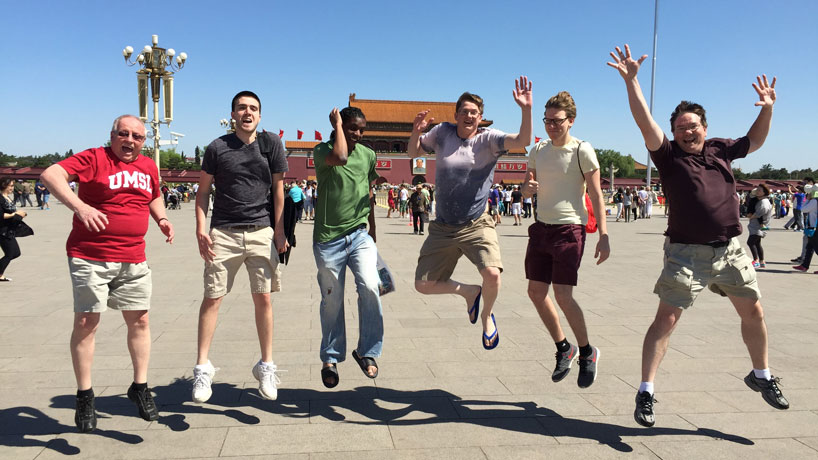 UMSL Jazz Studies Director Jim Widner (left) jumps for jazz with the rest of the faculty and student jazz combo. This summer, they performed for three of UMSL's exchange universities in China. (Photo provided by UMSL's jazz program)