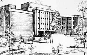The original architectural sketch of Benton Hall portrays the ambition of a young but maturing campus.