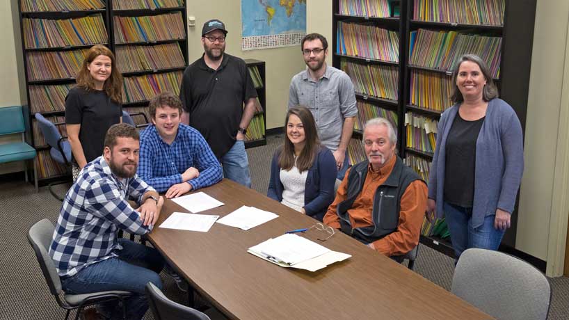 UMSL criminologists received a grant form the National Institute of Justice to study school safety. The grant researchers are (standing, from left) Associate Professor Lee Slocum, Associate Professor Terrance J. Taylor, doctoral student Tim McCuddy and Associate Professor Elaine Eggleston Doherty. (Seated, from left) Assistant Professor Matt Vogel, Assistant Professor Kyle Thomas, Assistant Research Professor Stephanie Wiley and Department Chair Finn-Aage Esbensen. (Photo by August Jennewein) 