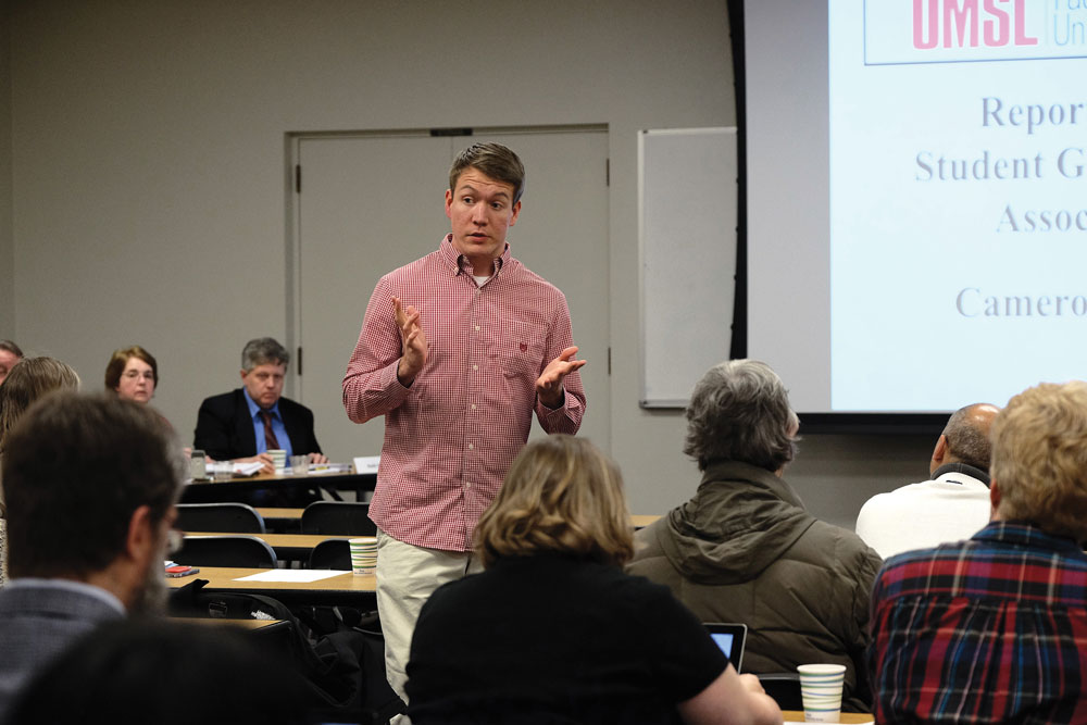 As a prominent student leader, Cameron has become skilled at addressing university officials. Here, he presents to the University Assembly and Faculty Senate at UMSL.