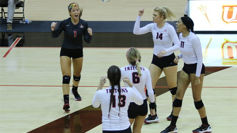 Tritons volleyball players Danielle Waedekin (1), Selena Nolte (13), Madyson Abeyta (6), Gaylynn Jones (14) and Lexi Rogers (11) celebrate during last weekend's five-set victory over Drury.