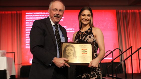 Hannah Perryman with BBWAA member Steve Gietschier at 55th annual St. Louis Baseball Writers' dinner