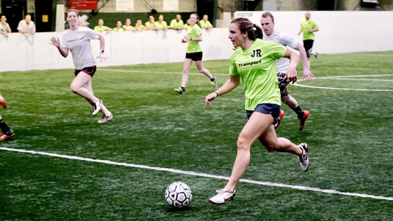 Optometry student Kailey Utley finished her rush with an assist for a goal, helping advance her Vetta Sports recreational team to their championship game, played on Sunday. (Photo by August Jennewein)