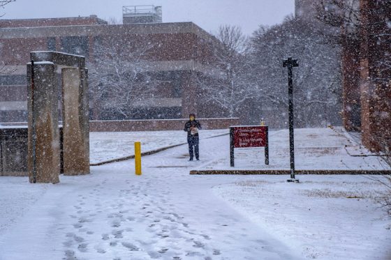 Snowfall outside Sandburg Archway