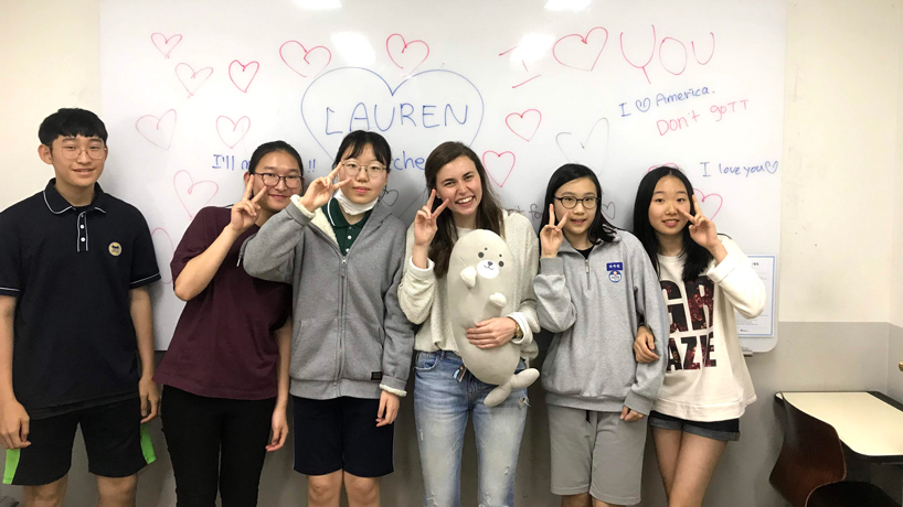 Lauren Scanlon poses with students in South Korea