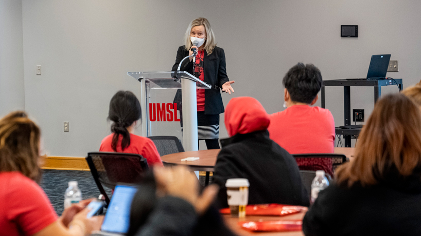 UMSL Global Executive Director Liane Constantine addresses students at Global Triton Welcome