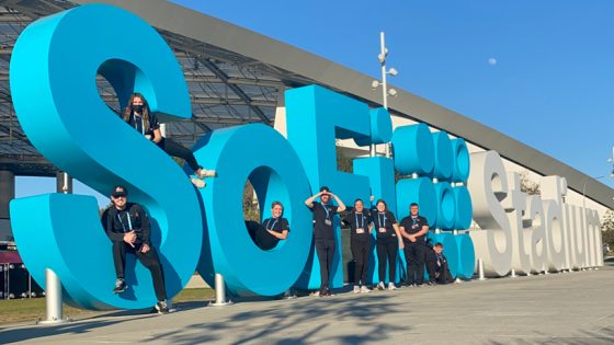 Sport Management students pose outside of SoFi Stadium in Los Angeles