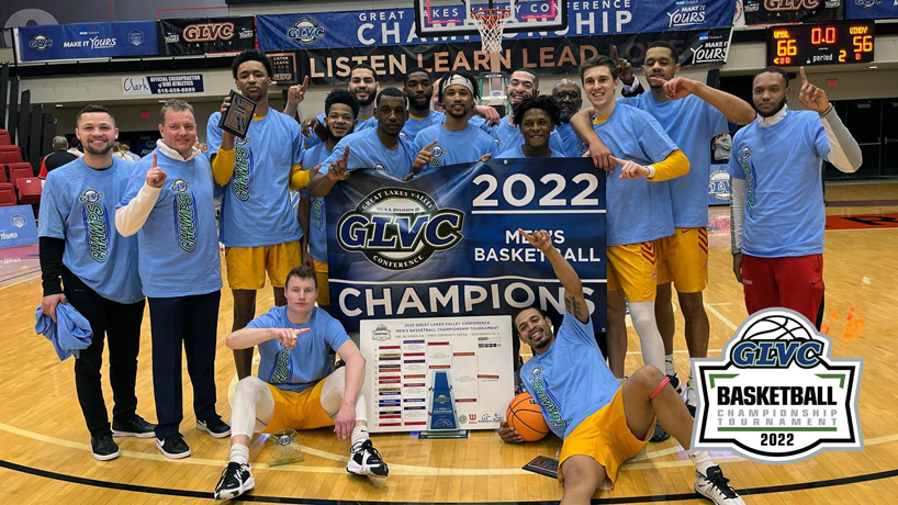 The UMSL men's basketball team celebrates its Great Lakes Valley Conference Tournament championship
