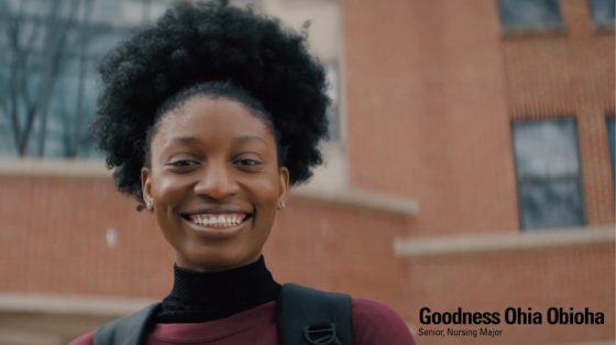 Screenshot of UMSL nursing student Goodness Ohia Obioha from television spot