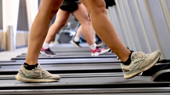Three pairs of legs walking on a row of treadmills in the Recreation and Wellness Center