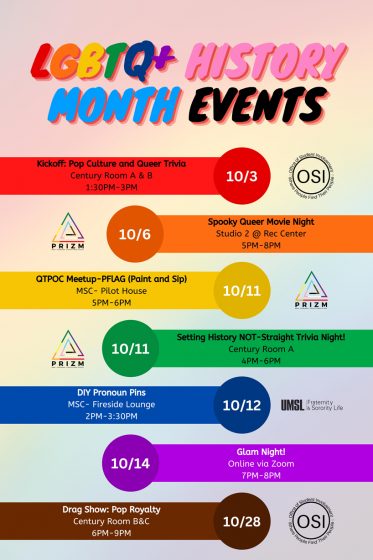 A graphic displaying events for LGBTQ+ Month