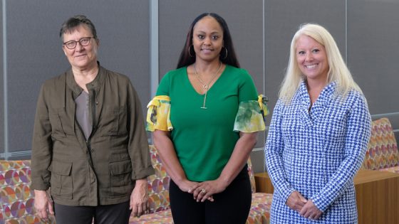 Associate Professor Natalie Bolton (right) and co-principal investigators Associate Teaching Professor Phyllis Balcerzak and Director of Project and Program Operations, Professional Learning and Innovation Chanau Ross stand together