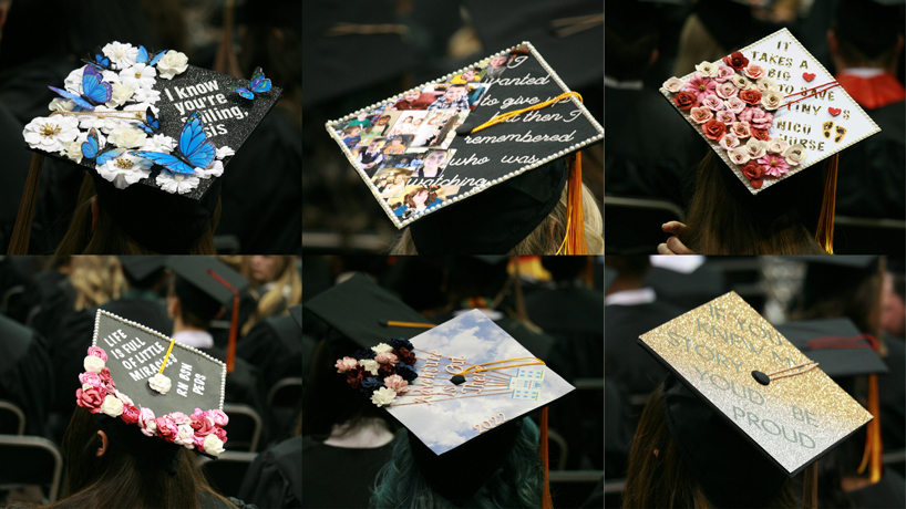 A sampling of custom-designed mortar boards seen during commencement