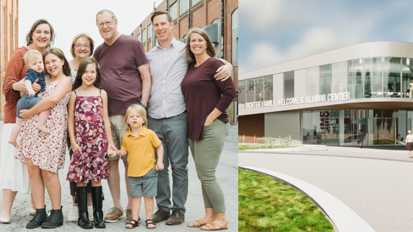 Kirk Richter and family and a rendering of the Richter Family Welcome and Alumni Center