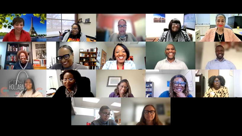 Zoom screen capture of smiling attendees in the the Black Faculty/Staff Association Black History Month panel