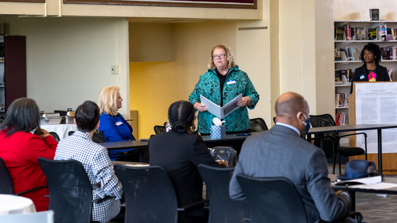 Chancellor Kristin Sobolik welcomes other business and nonprofit leaders to an Executive Learning Experience held by the St. Louis Anchor Action Network last June at Sumner High School in the Ville neighborhood