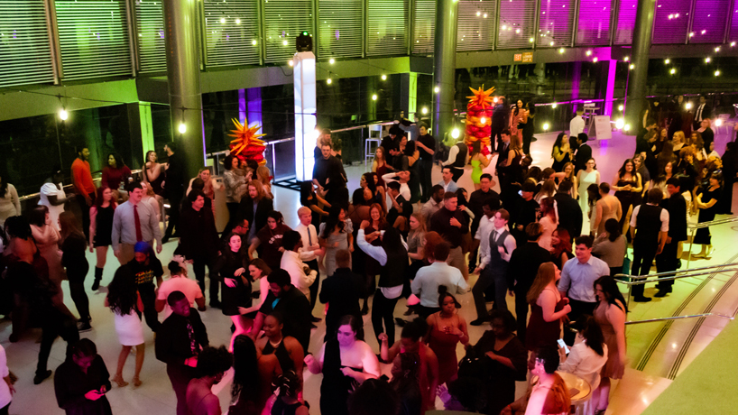 Students fill the dance floor in the Terrace Lobby at the Blanche M. Touhill Performing Arts Center