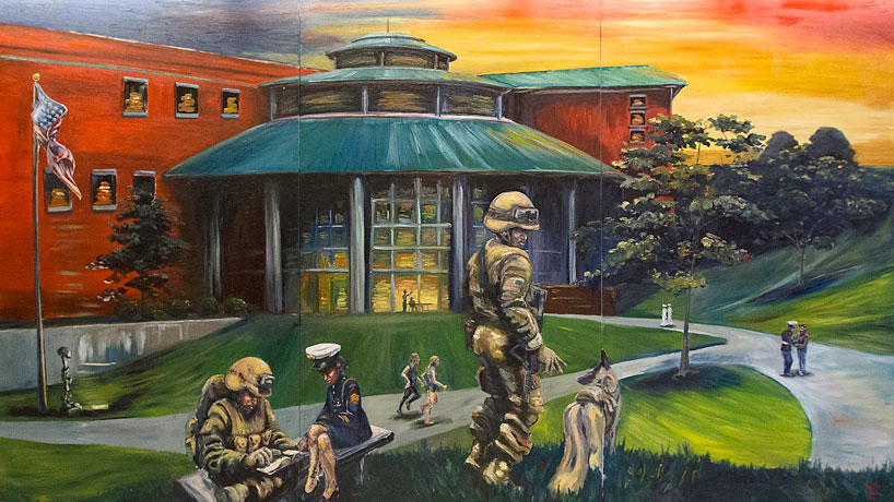 Mural of military personnel on UMSL campus.