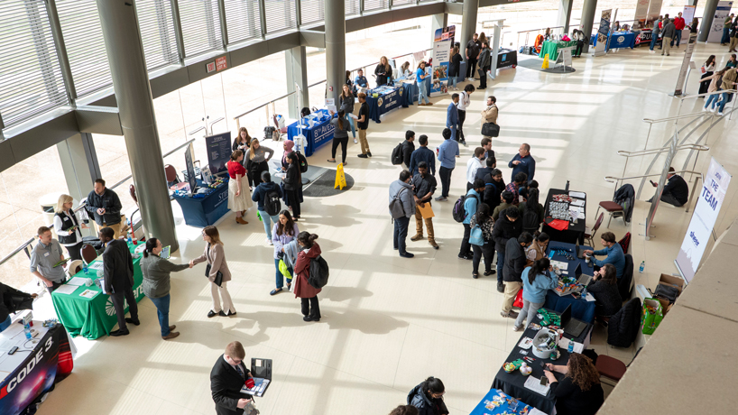 View from above of the Terrace Lobby filled with representatives from some of the 85 companies on hand at the Spring Career Fair
