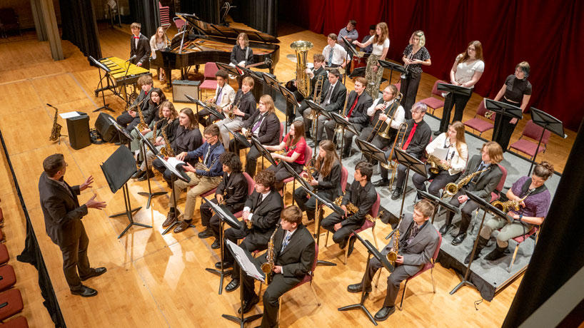 Jason Swagler, director of jazz studies at Southern Illinois University Edwardsville, leads a clinic with members of the Triad high school jazz band during The Greater St. Louis Jazz Festival.