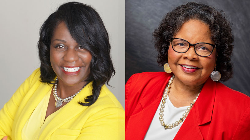 Two head shots of two black women, one wearing a yellow blazer and one wearing a red blazer look ahead, smiling.