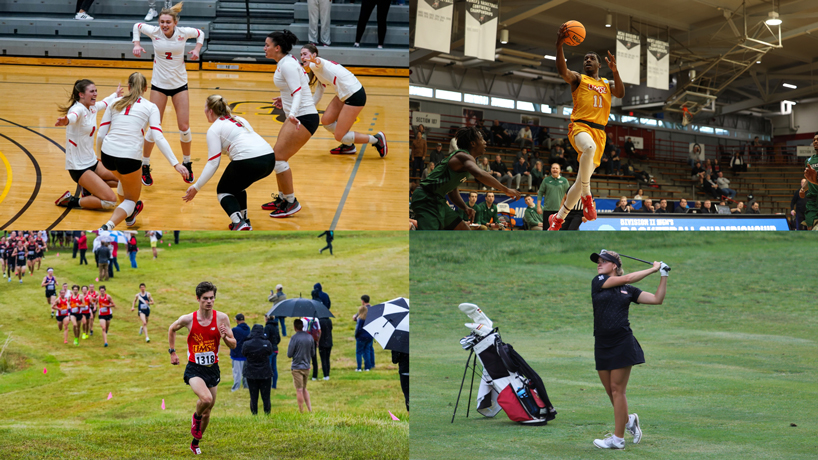Images of the UMSL volleyball team celebrating, Isaiah Fuller laying in a basket, Tove Brunell holding her followthrough after a golf shot and Toby Middleton running clear of competitors in a cross country race