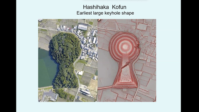 A slide showing an overhead view of kofun, ancient, earthen Japanese burial mound in a keyhole shape. 