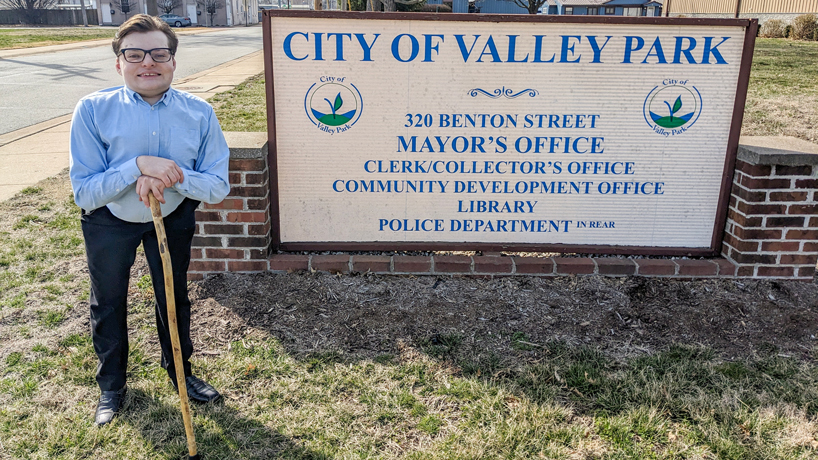 Elijah Braswell stands in front of Valley Park City Hall