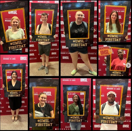 Collage of First Day photos with UMSL students