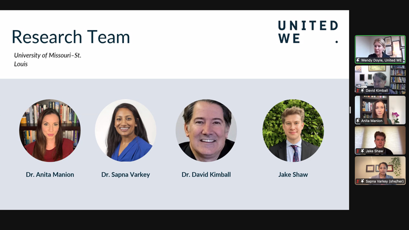 Screenshot of a virtual press conference hosted by United WE President and CEO Wendy Doyle and featuring a team of researchers from UMSL's Department of Political Science
