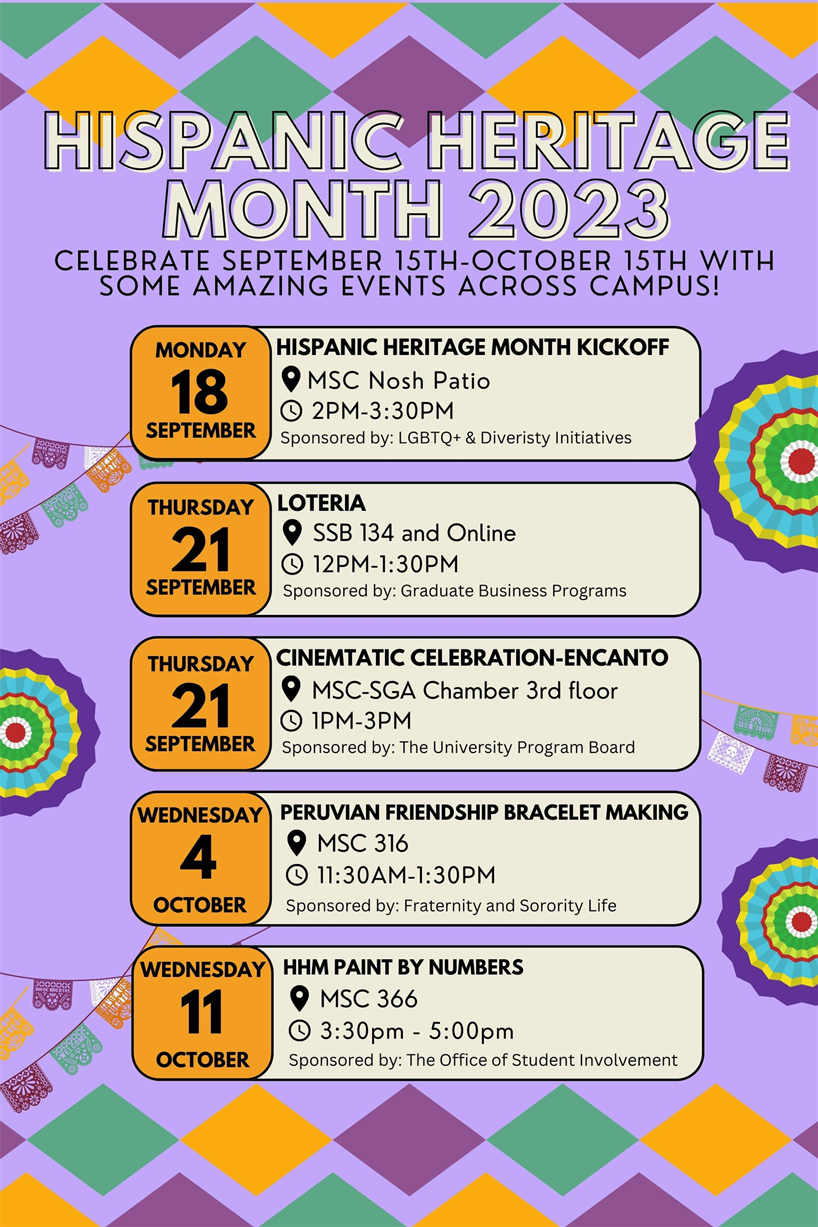 Hispanic Heritage Month flyer with list of 2023 events