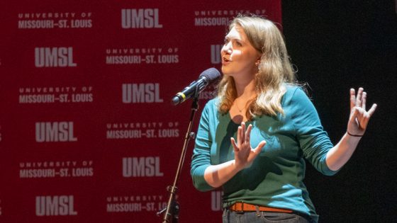 UMSL music student Rita Schien performs a German song on stage at the Touhill